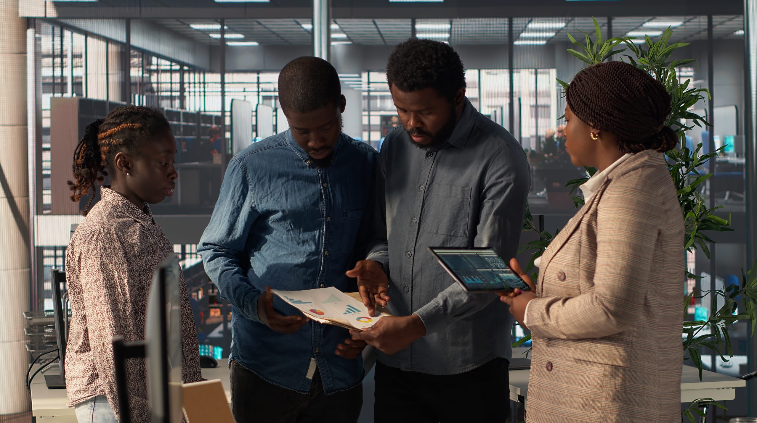 Black leader reviews company strategy with her team members in a modern corporate office, making key business decisions to support organizational growth. Discuss resource allocation. Camera B.