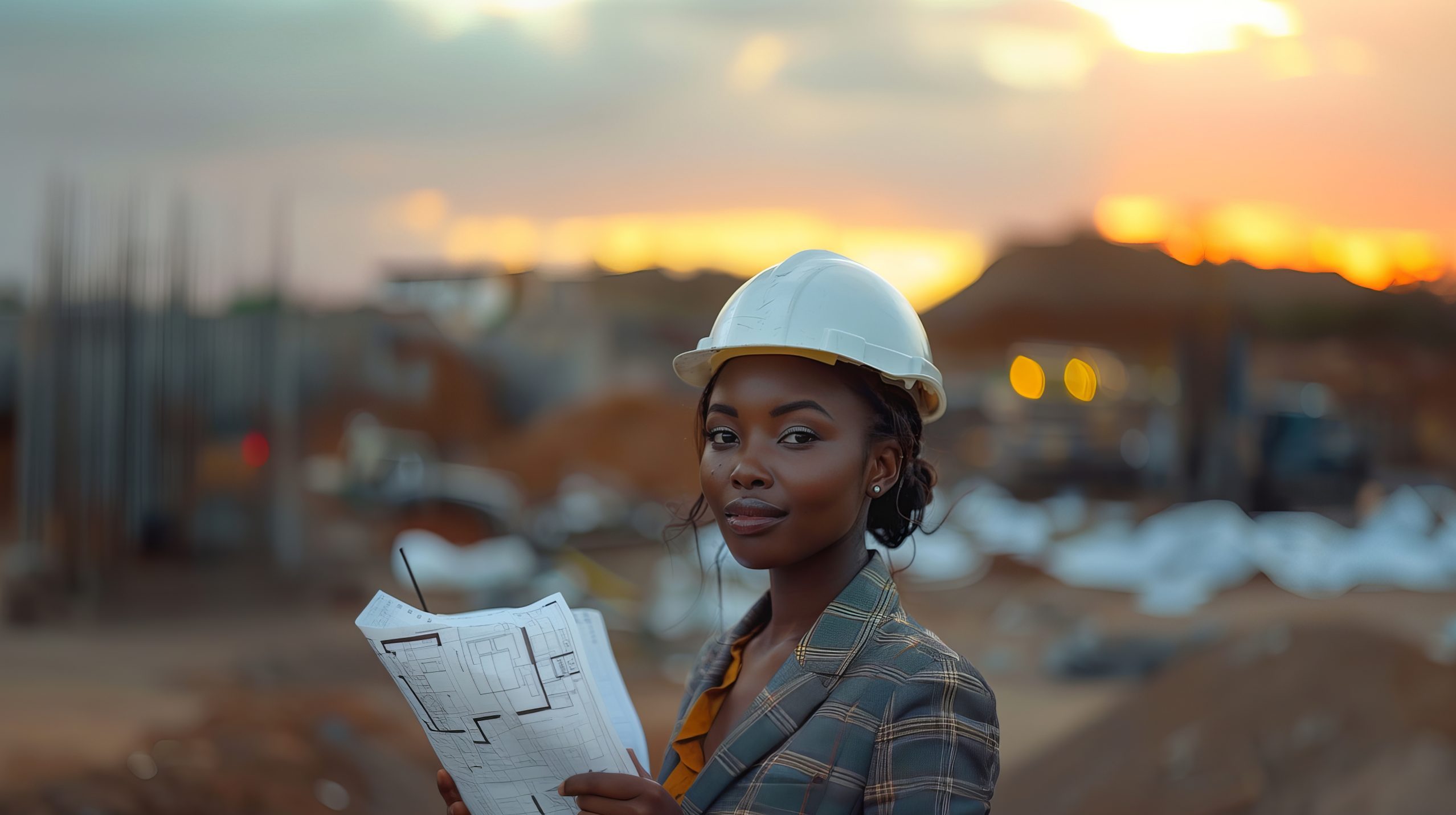 A powerful woman architect of African descent wearing a white construction helmet and a formal suit, intently reviewing a blueprint at a construction site. The scene is captured in a realistic, analog-style photograph with sunset sun flares, showcasing maximum detail in an advertising format --ar 3:2 --stylize 1000 Job ID: 7c2a8e46-0776-4ad5-82ba-2e27e156c435