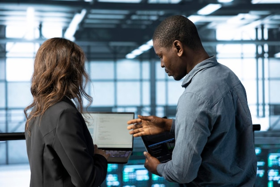 server room it staff members code notebook doing maintenance