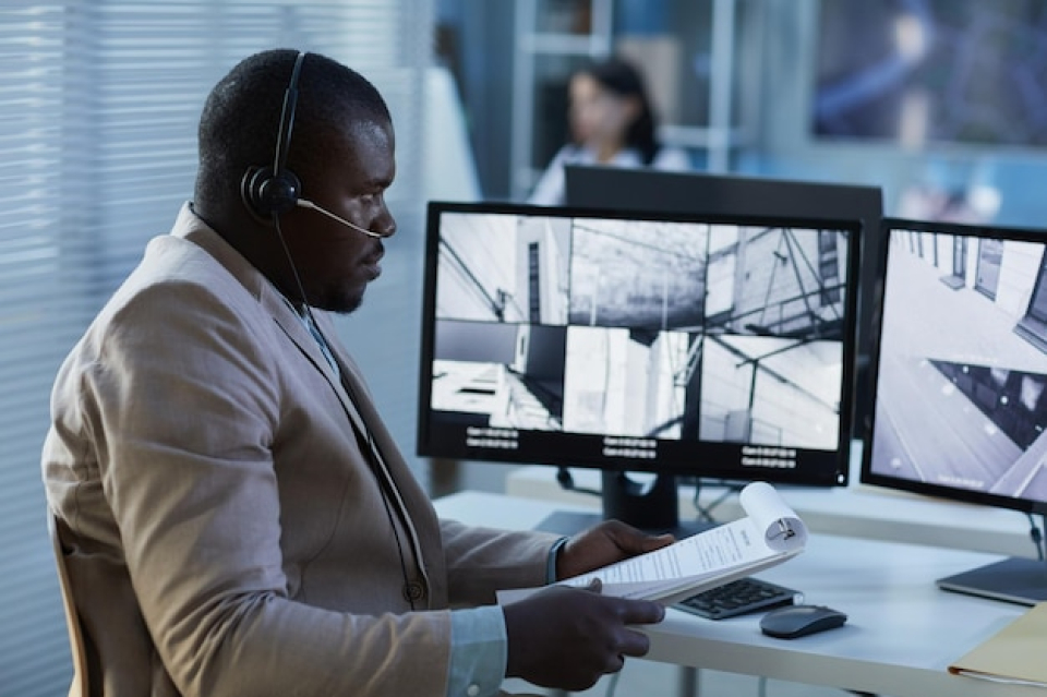 black man wearing headset while watching surveillance feed screen